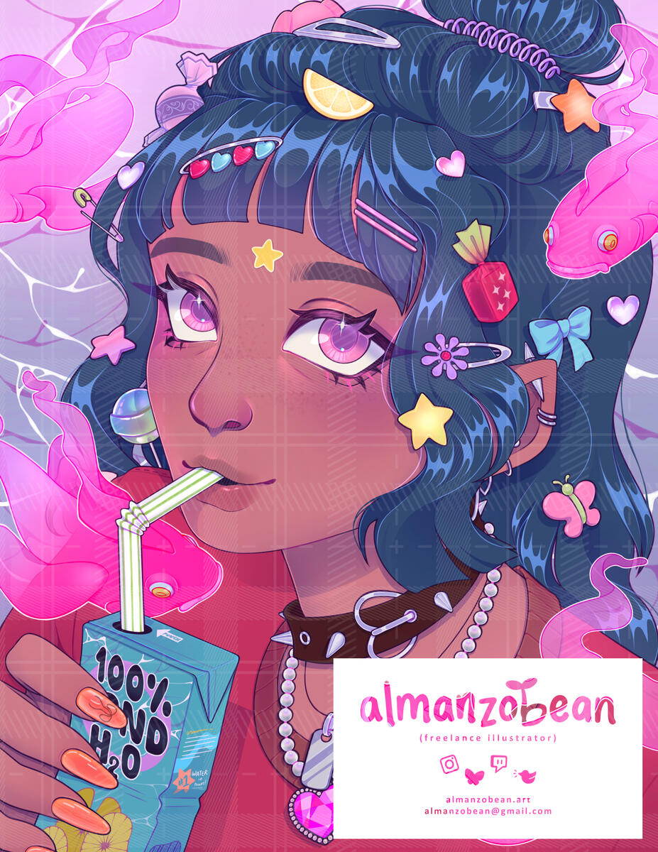 A girl with short blue hair covered in cute hair decora sips a juicebox that reads "100% pond water" while ghostly pink koi swim around her.