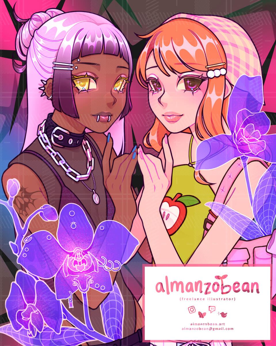 Two anime-style, fashionable girls facing each other with fingertips touching.