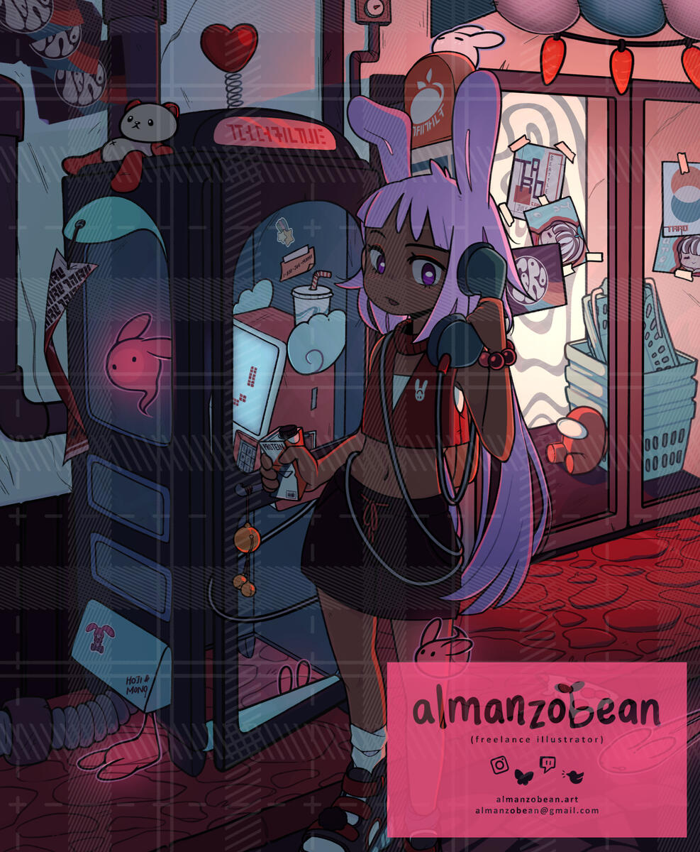 A purple-haired girl with bunny ears holds the phone in a telephone booth, surrounded by bunny-like ghosts.