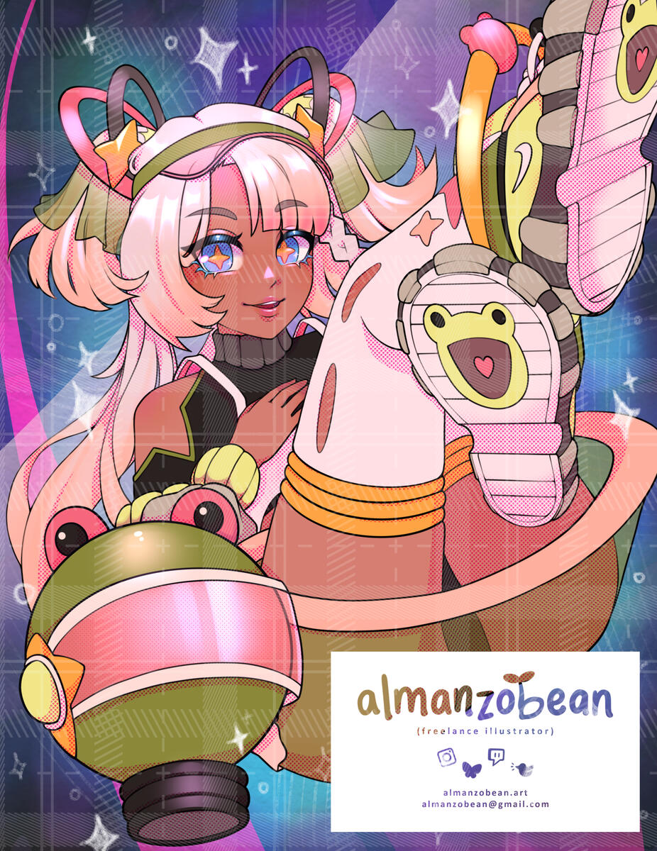 A cute anime-style character dressed in a retro spacesuit floats in space with her frog-themed space helmet nearby.